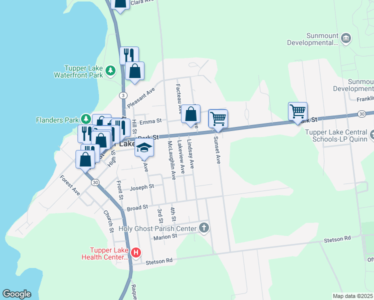 map of restaurants, bars, coffee shops, grocery stores, and more near 12 Lindsay Avenue in Tupper Lake
