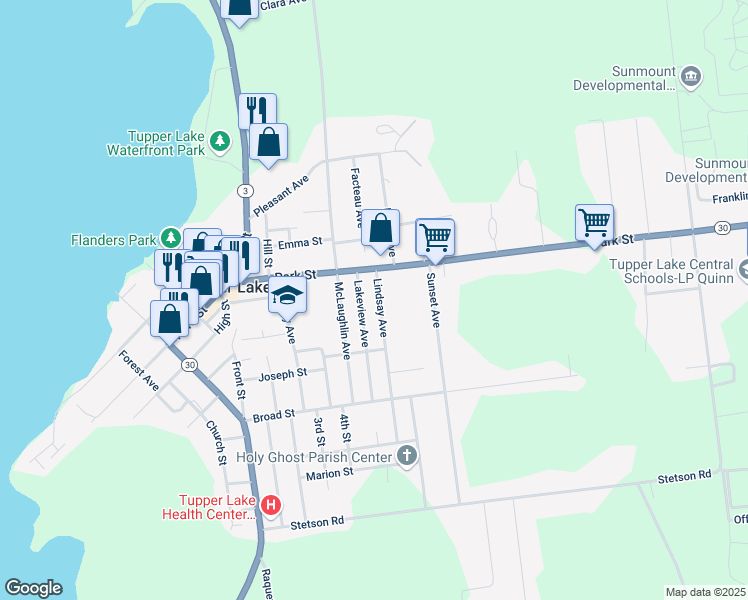 map of restaurants, bars, coffee shops, grocery stores, and more near 12 Lindsay Avenue in Tupper Lake