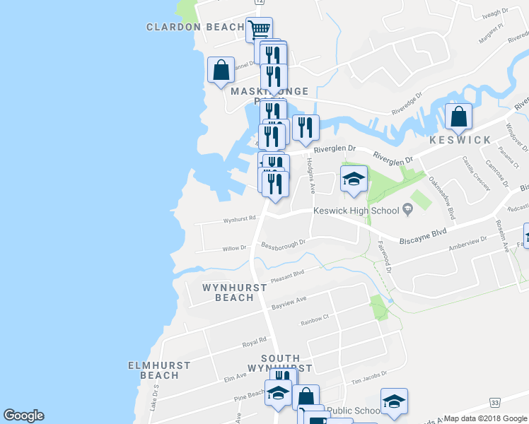 map of restaurants, bars, coffee shops, grocery stores, and more near 295 The Queensway South in Georgina