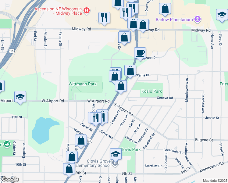 map of restaurants, bars, coffee shops, grocery stores, and more near 1238 Appleton Road in Menasha