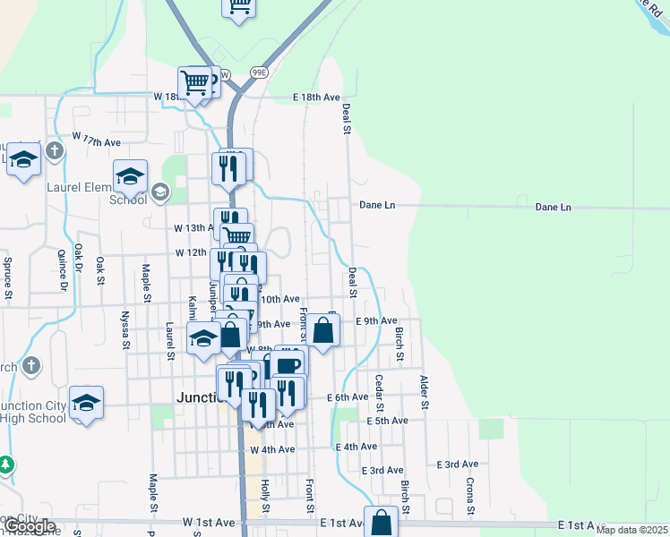 map of restaurants, bars, coffee shops, grocery stores, and more near 1021 Deal Street in Junction City
