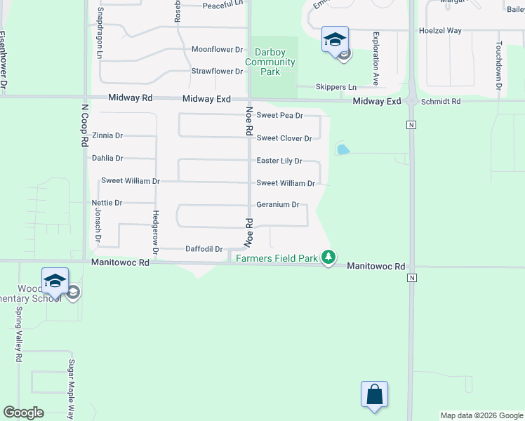 map of restaurants, bars, coffee shops, grocery stores, and more near W5874 Geranium Drive in Appleton
