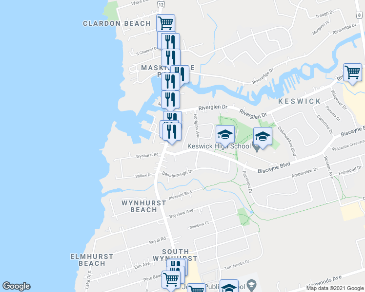 map of restaurants, bars, coffee shops, grocery stores, and more near Newlands Avenue in Georgina