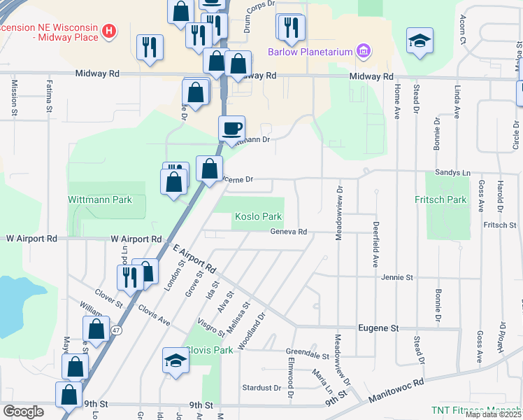 map of restaurants, bars, coffee shops, grocery stores, and more near 1001 Lucerne Drive in Menasha