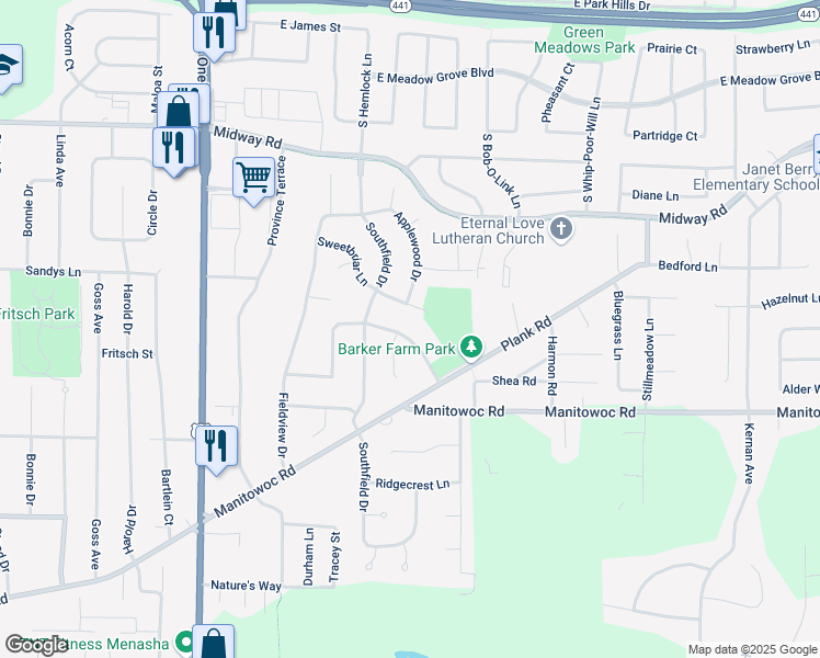 map of restaurants, bars, coffee shops, grocery stores, and more near 2109 Sweetbriar Lane in Menasha