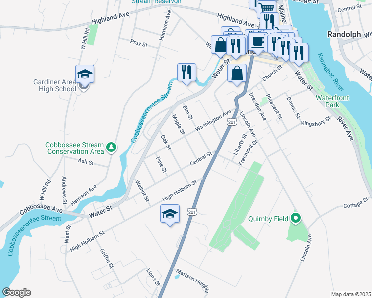 map of restaurants, bars, coffee shops, grocery stores, and more near 50 Maple Street in Farmingdale