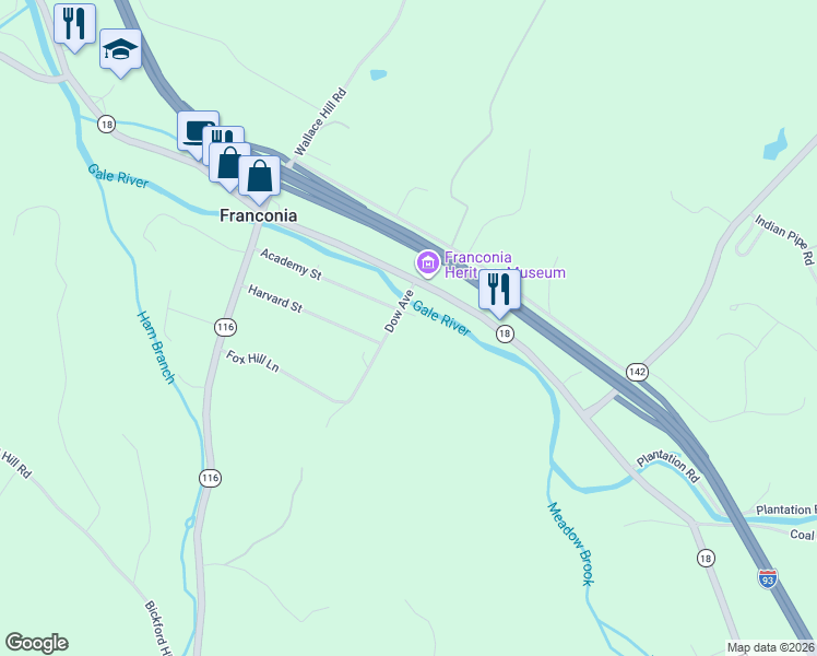 map of restaurants, bars, coffee shops, grocery stores, and more near 33 Dow Avenue in Franconia