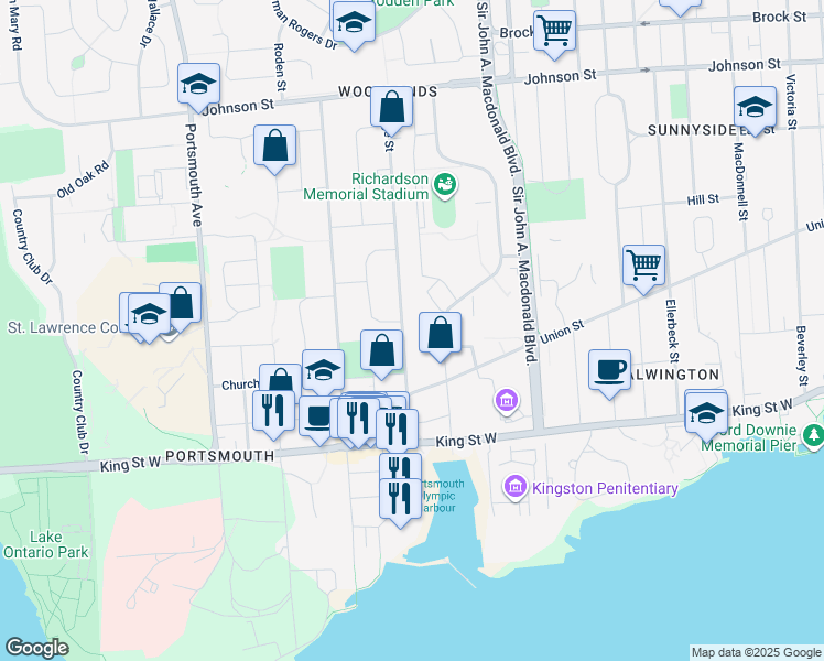 map of restaurants, bars, coffee shops, grocery stores, and more near 228 Yonge Street in Kingston