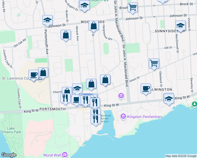 map of restaurants, bars, coffee shops, grocery stores, and more near 215 Yonge Street in Kingston