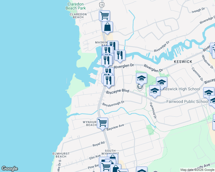 map of restaurants, bars, coffee shops, grocery stores, and more near 295 The Queensway South in Georgina