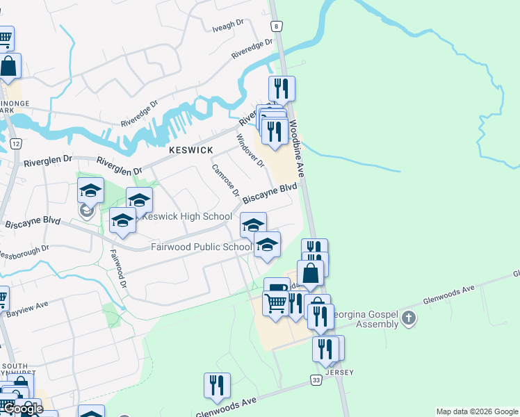 map of restaurants, bars, coffee shops, grocery stores, and more near 16 Redcastle Crescent in Georgina