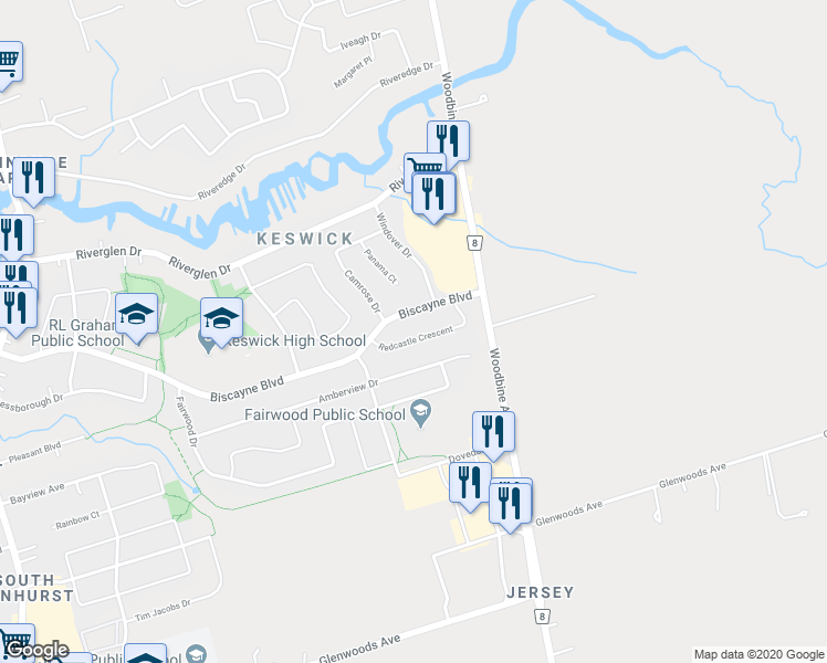 map of restaurants, bars, coffee shops, grocery stores, and more near 16 Redcastle Crescent in Georgina