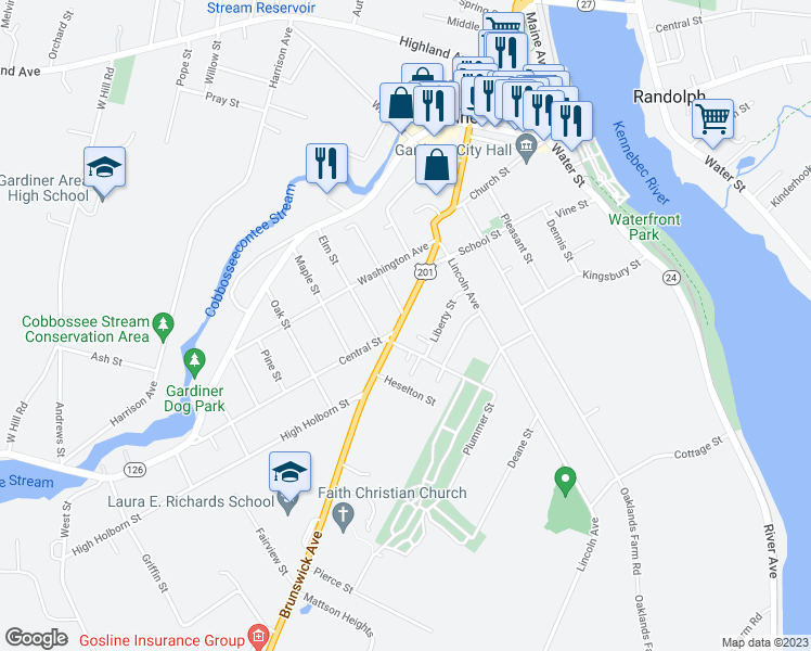 map of restaurants, bars, coffee shops, grocery stores, and more near 148 Brunswick Avenue in Gardiner
