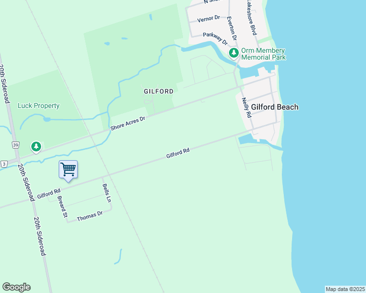 map of restaurants, bars, coffee shops, grocery stores, and more near 1254 Gilford Road in Innisfil
