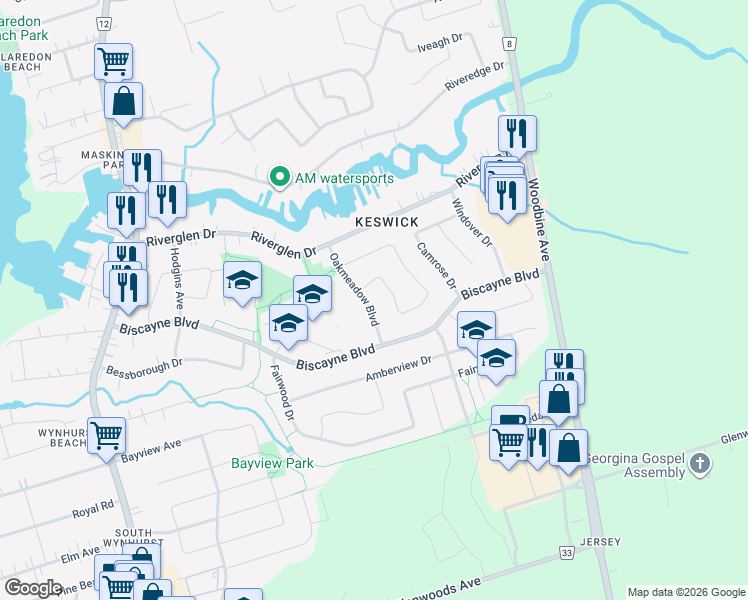 map of restaurants, bars, coffee shops, grocery stores, and more near 21 Oakmeadow Boulevard in Georgina