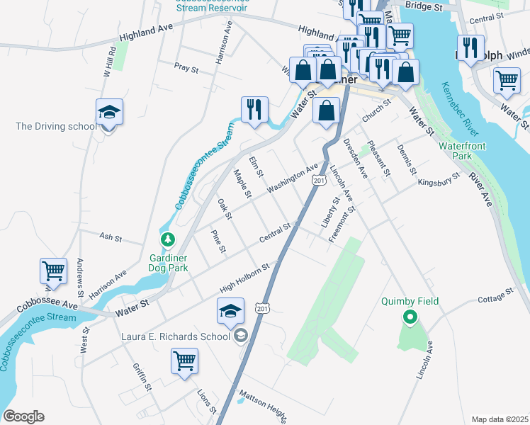 map of restaurants, bars, coffee shops, grocery stores, and more near 50 Maple Street in Farmingdale