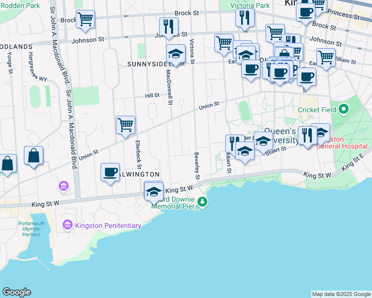 map of restaurants, bars, coffee shops, grocery stores, and more near 77 Kensington Avenue in Kingston