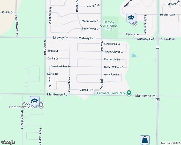 map of restaurants, bars, coffee shops, grocery stores, and more near W5940 Geranium Drive in Appleton