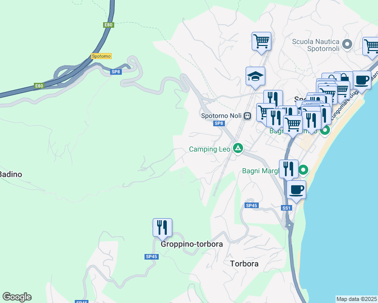 map of restaurants, bars, coffee shops, grocery stores, and more near 46 Via Coreallo in Spotorno