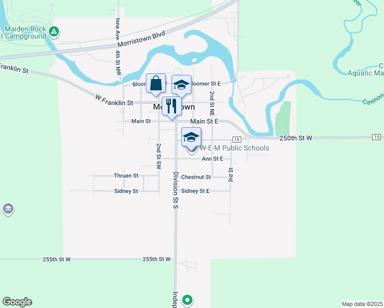 map of restaurants, bars, coffee shops, grocery stores, and more near 23 Ann Street East in Morristown