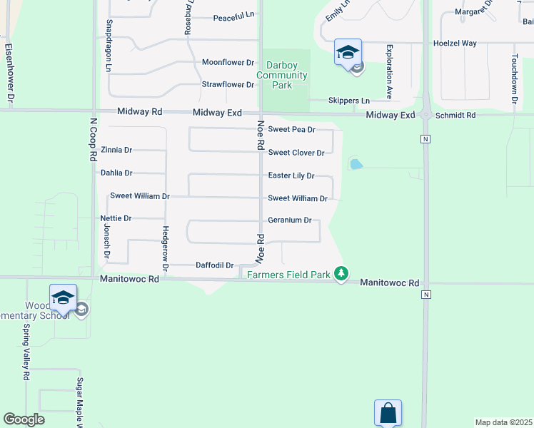 map of restaurants, bars, coffee shops, grocery stores, and more near W5874 Geranium Drive in Appleton