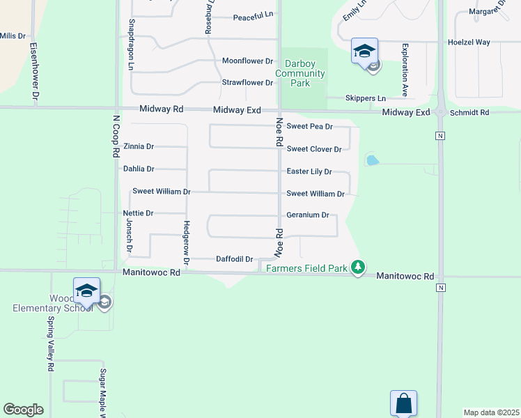 map of restaurants, bars, coffee shops, grocery stores, and more near W5940 Geranium Drive in Appleton