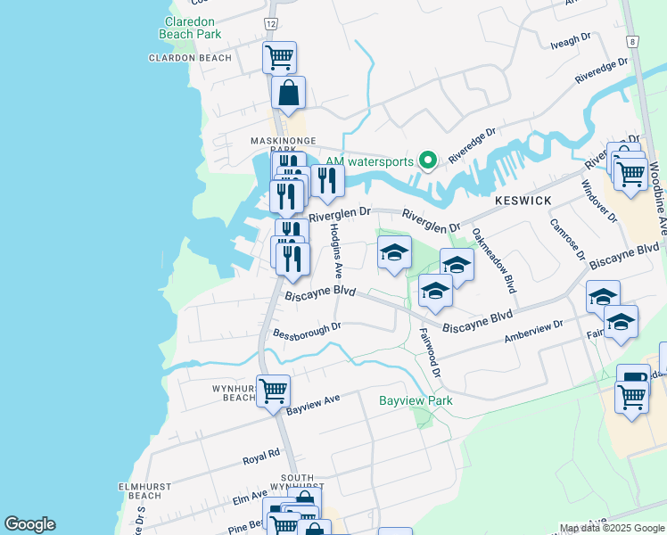 map of restaurants, bars, coffee shops, grocery stores, and more near 26 Hodgins Avenue in Georgina