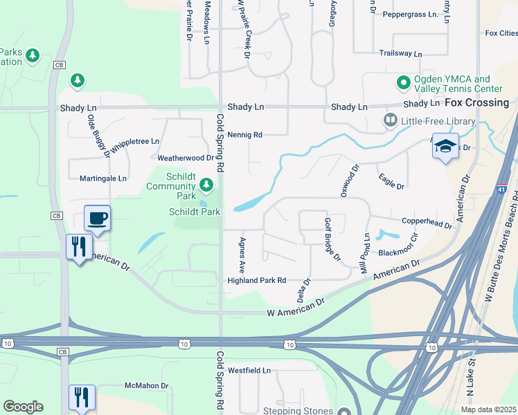 map of restaurants, bars, coffee shops, grocery stores, and more near 998 Mill Pond Lane in Neenah