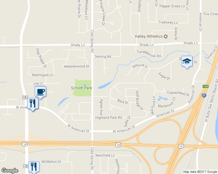 map of restaurants, bars, coffee shops, grocery stores, and more near 998 Mill Pond Lane in Neenah