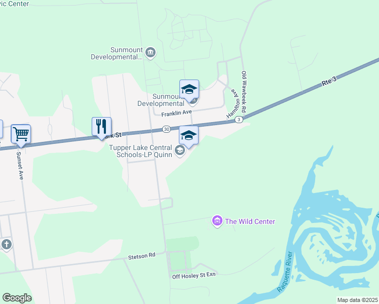 map of restaurants, bars, coffee shops, grocery stores, and more near 294 Hosley Avenue in Tupper Lake