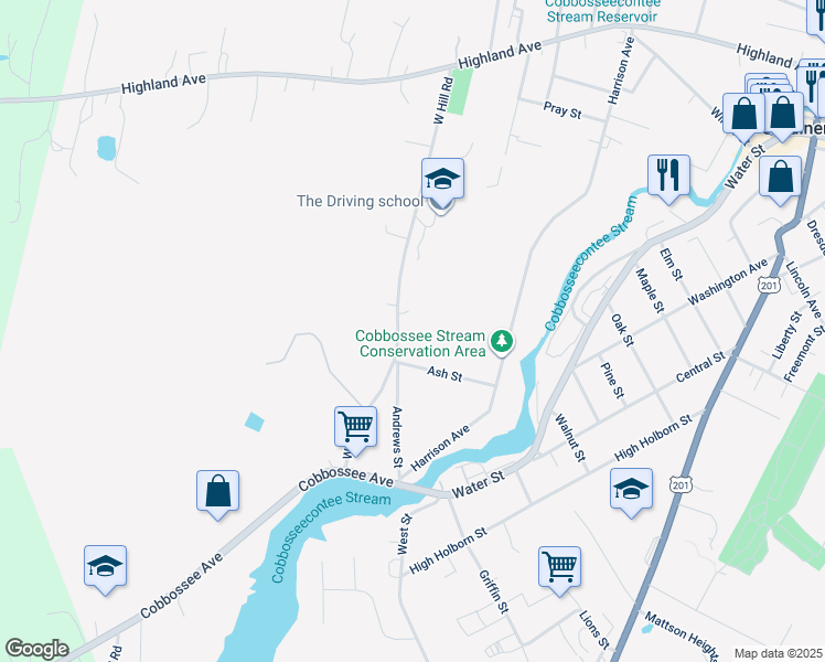 map of restaurants, bars, coffee shops, grocery stores, and more near 158 West Hill Road in Gardiner