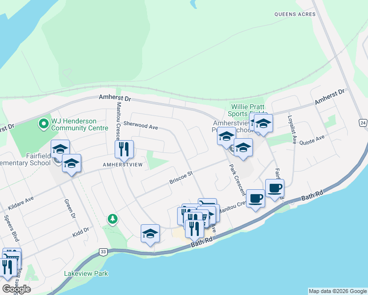 map of restaurants, bars, coffee shops, grocery stores, and more near 87 Sherwood Avenue in Lennox and Addington County