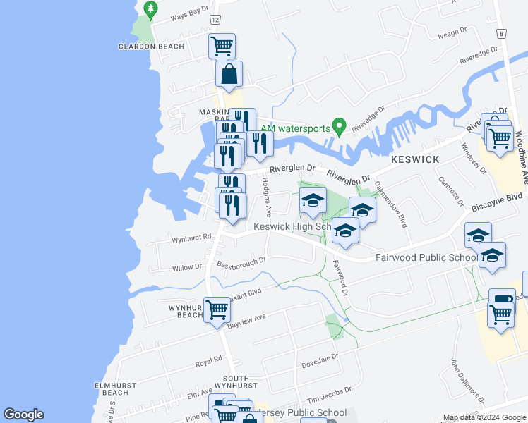 map of restaurants, bars, coffee shops, grocery stores, and more near 26 Hodgins Avenue in Georgina