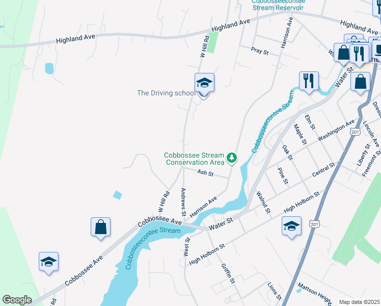 map of restaurants, bars, coffee shops, grocery stores, and more near 158 West Hill Road in Gardiner