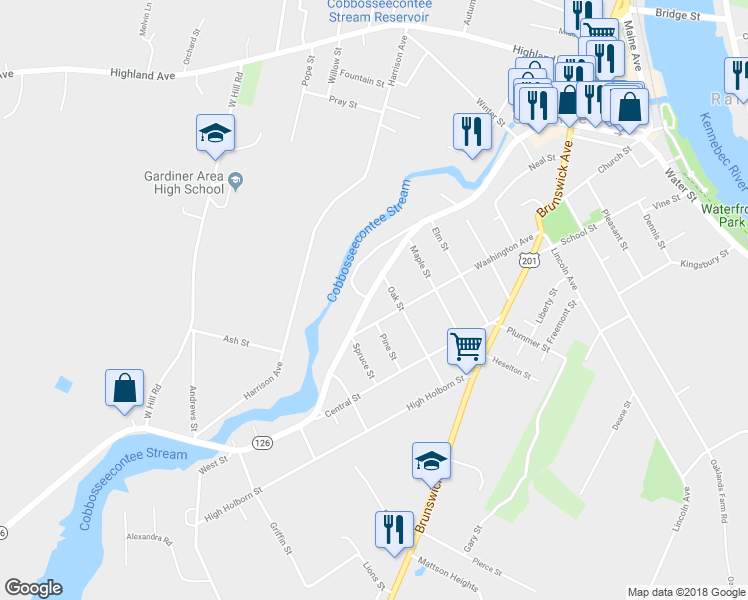 map of restaurants, bars, coffee shops, grocery stores, and more near 522 Water Street in Gardiner