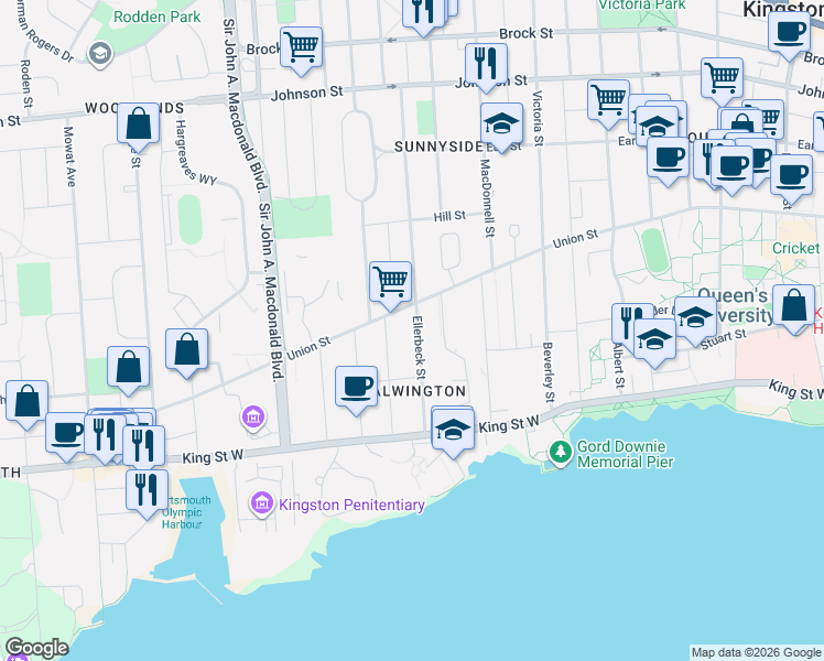 map of restaurants, bars, coffee shops, grocery stores, and more near 104 Ellerbeck Street in Kingston