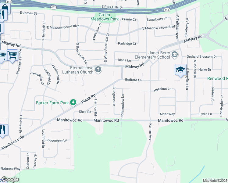 map of restaurants, bars, coffee shops, grocery stores, and more near 1255 Bluegrass Lane in Menasha