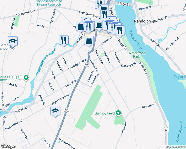 map of restaurants, bars, coffee shops, grocery stores, and more near 20 Liberty Street in Gardiner