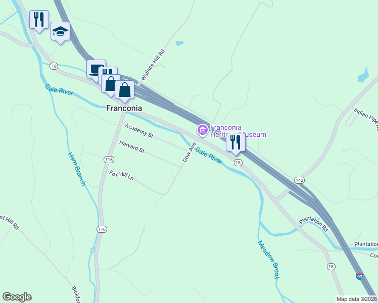 map of restaurants, bars, coffee shops, grocery stores, and more near 199 Academy Street in Franconia