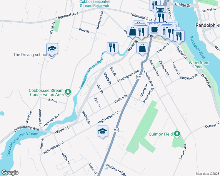 map of restaurants, bars, coffee shops, grocery stores, and more near 50 Maple Street in Farmingdale