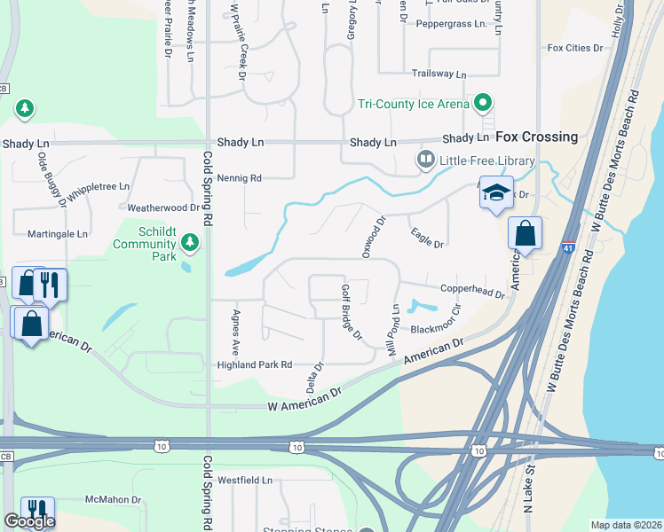 map of restaurants, bars, coffee shops, grocery stores, and more near 897 Mill Pond Lane in Neenah