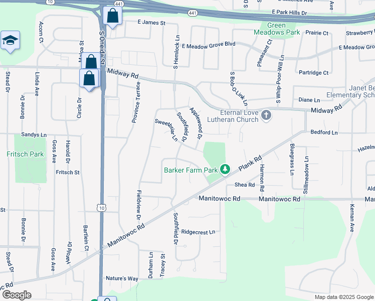 map of restaurants, bars, coffee shops, grocery stores, and more near 2109 Sweetbriar Lane in Menasha
