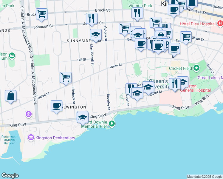 map of restaurants, bars, coffee shops, grocery stores, and more near 175 Queen's Crescent in Kingston