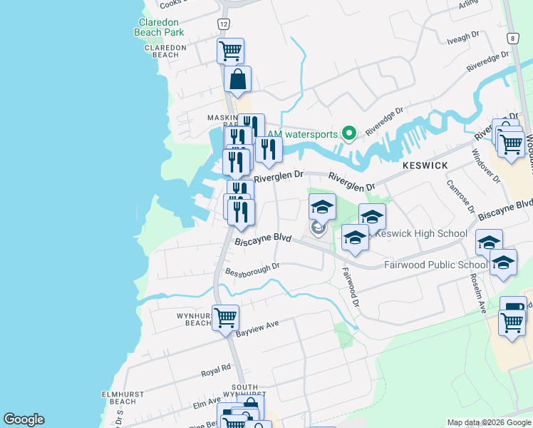 map of restaurants, bars, coffee shops, grocery stores, and more near 17 Newlands Avenue in Georgina