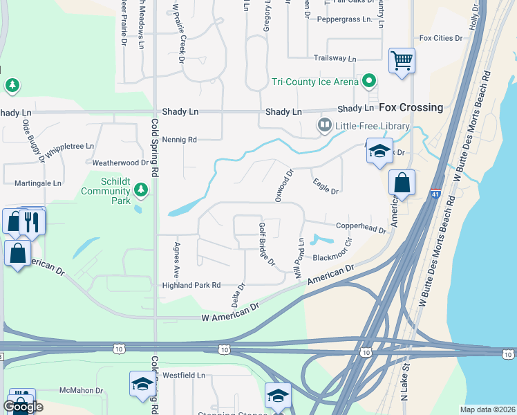 map of restaurants, bars, coffee shops, grocery stores, and more near 897 Mill Pond Lane in Neenah