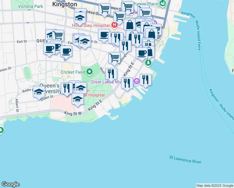map of restaurants, bars, coffee shops, grocery stores, and more near 25 West Street in Kingston