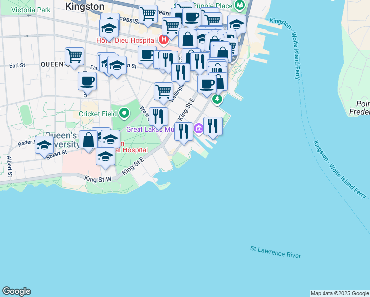 map of restaurants, bars, coffee shops, grocery stores, and more near 33 Ontario Street in Kingston