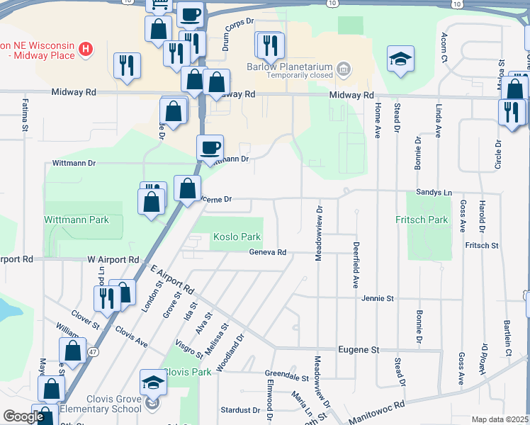 map of restaurants, bars, coffee shops, grocery stores, and more near 1325 Lucerne Drive in Menasha
