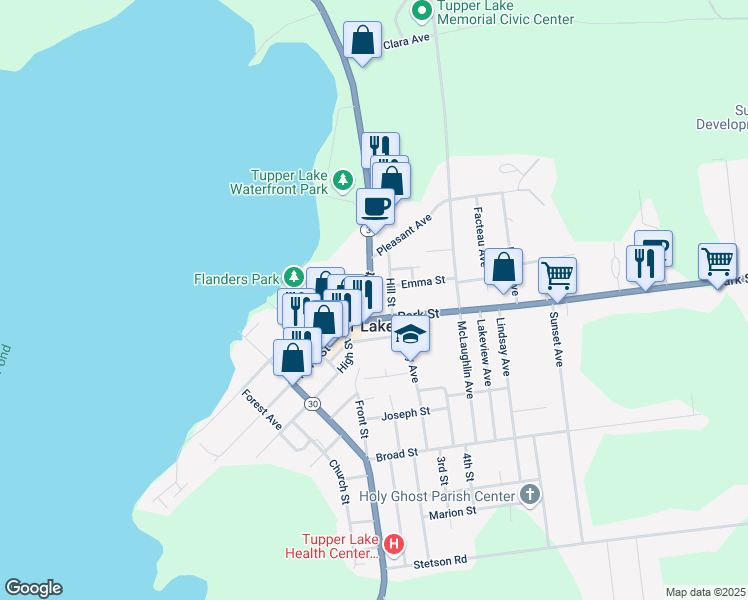 map of restaurants, bars, coffee shops, grocery stores, and more near 151 Park Street in Tupper Lake