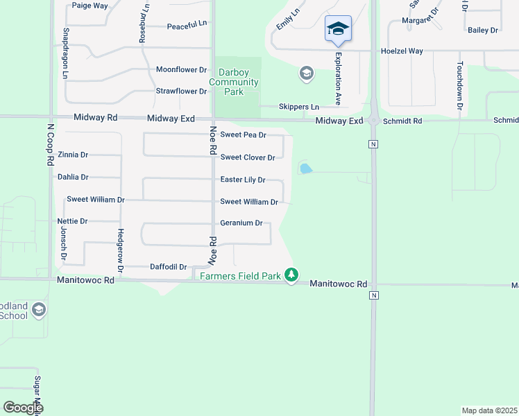 map of restaurants, bars, coffee shops, grocery stores, and more near W5846 Geranium Drive in Appleton